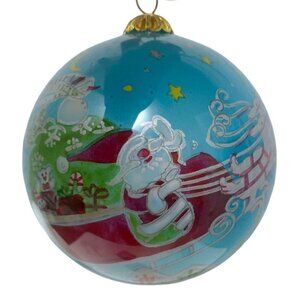 Christmas Ornament Blue Santa with Sleigh Reverse Glass Painted Le Bien Blue